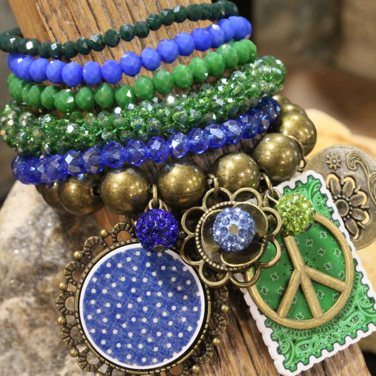Peace, Paisley & Polka Dot Green Charm'd Bracelet Set