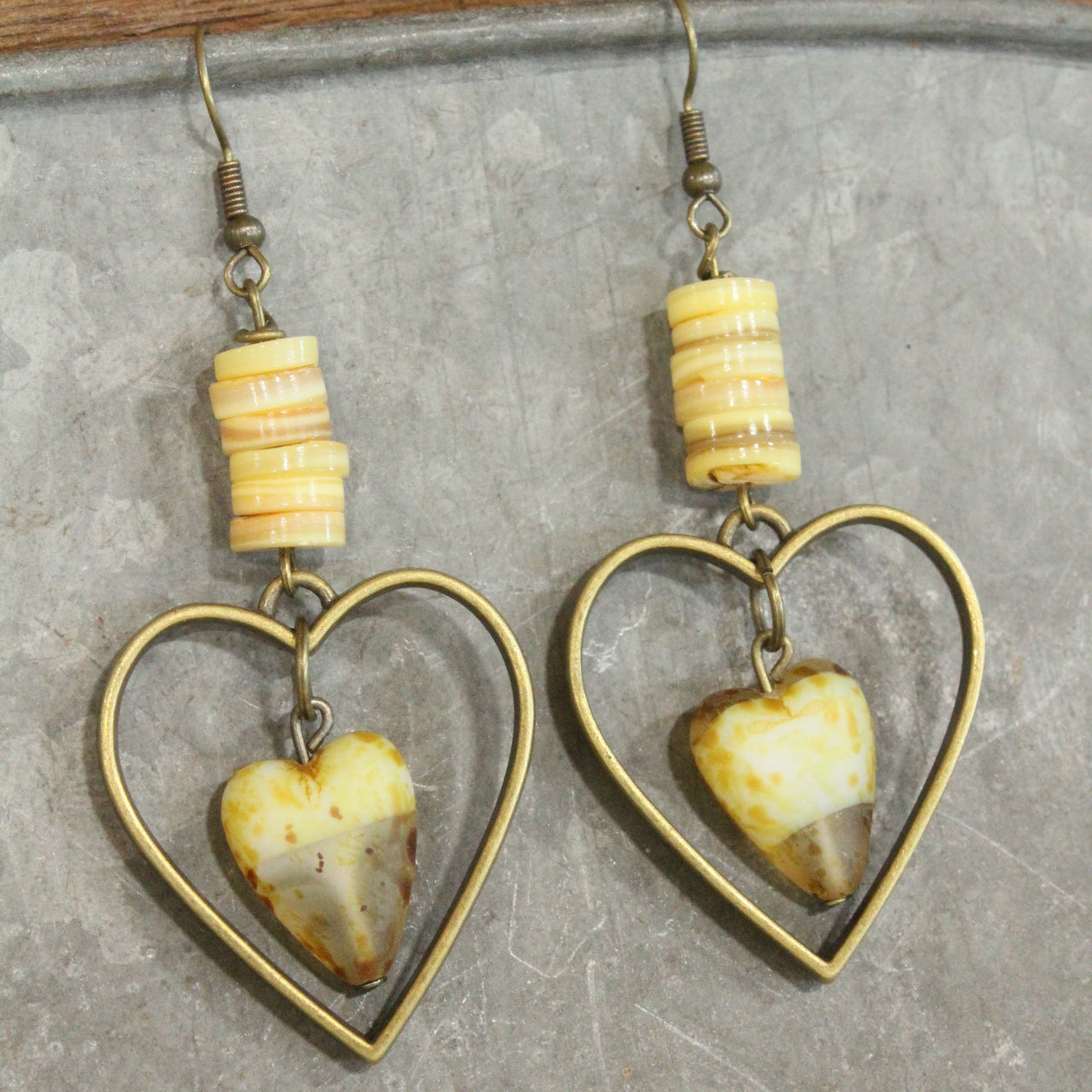 Bronze Charming Czech Heart & Shells Dangle Earrings