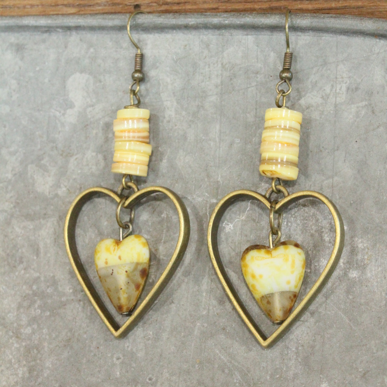 Bronze Charming Czech Heart & Shells Dangle Earrings