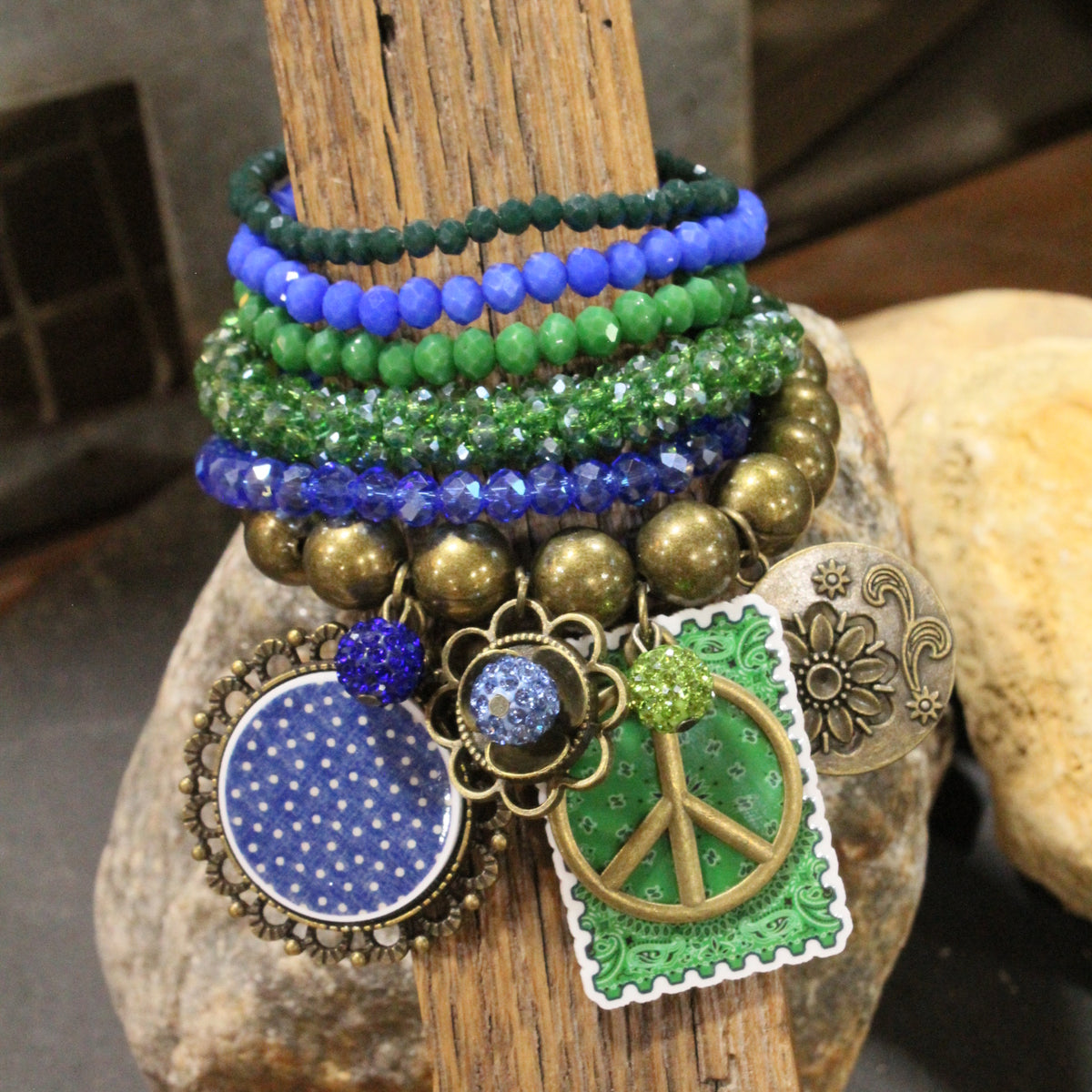 Peace, Paisley & Polka Dot Green Charm'd Bracelet Set