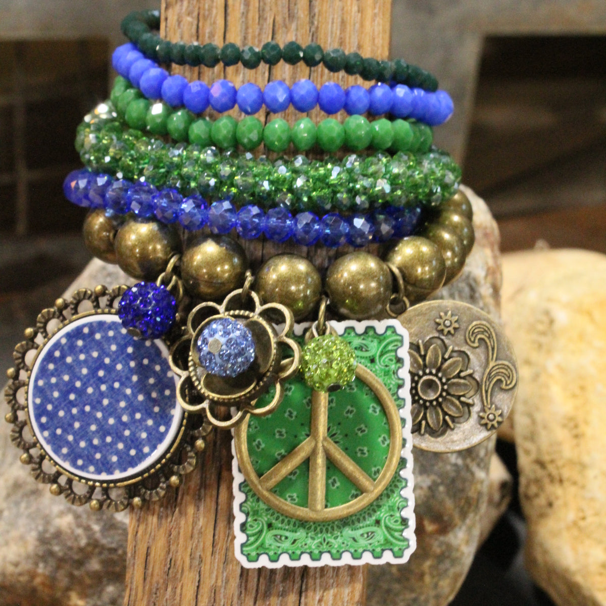 Peace, Paisley & Polka Dot Green Charm'd Bracelet Set