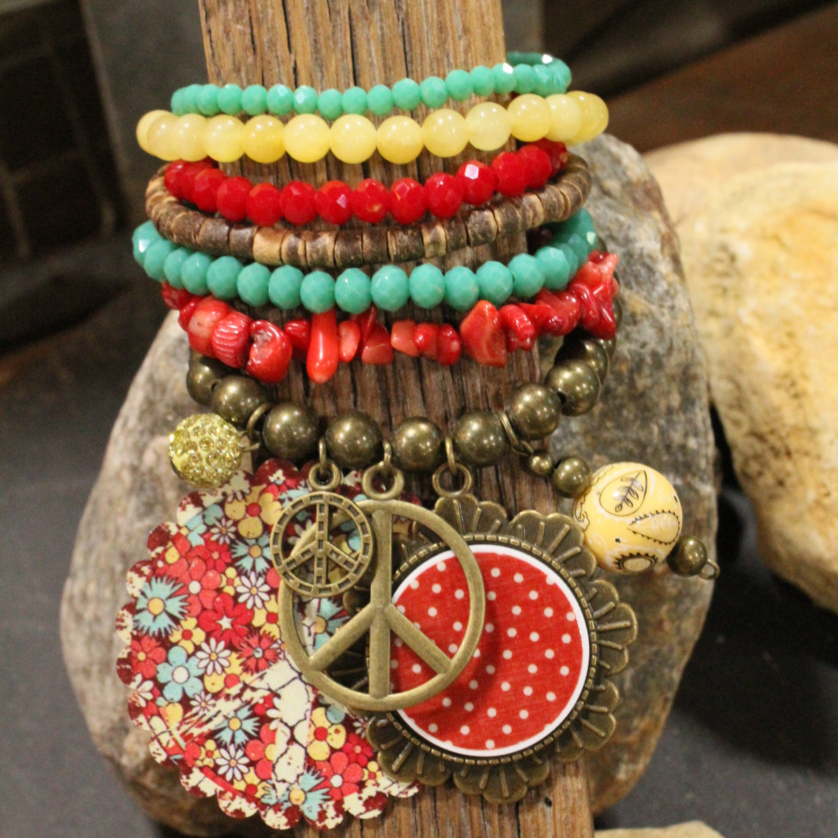 Peace, Paisley & Polka Dot Red Charm'd Bracelet Set