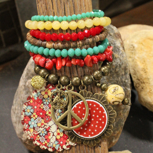 Peace, Paisley & Polka Dot Red Charm'd Bracelet Set