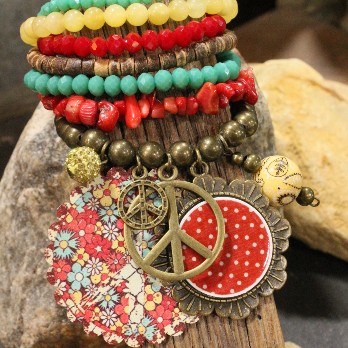 Peace, Paisley & Polka Dot Red Charm'd Bracelet Set