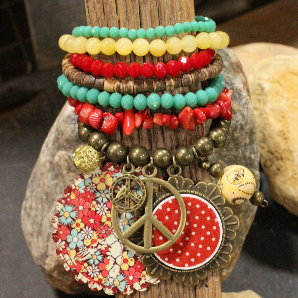 Peace, Paisley & Polka Dot Red Charm'd Bracelet Set