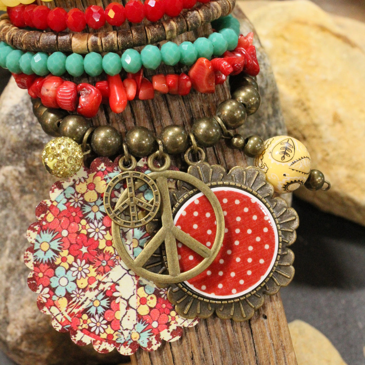 Peace, Paisley & Polka Dot Red Charm'd Bracelet Set