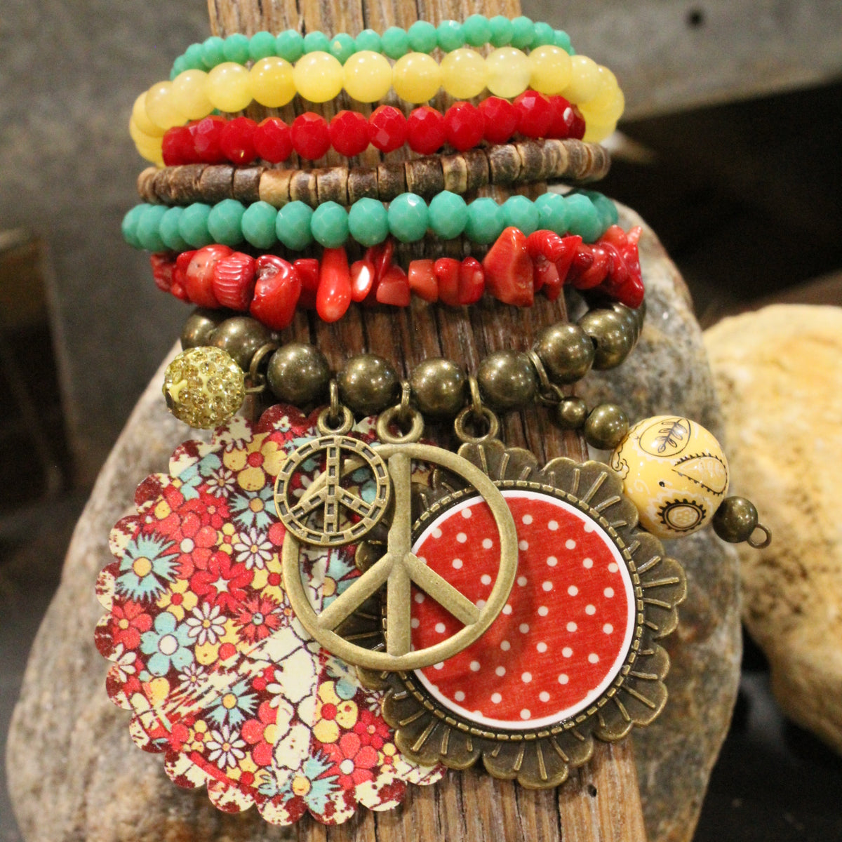 Peace, Paisley & Polka Dot Red Charm'd Bracelet Set