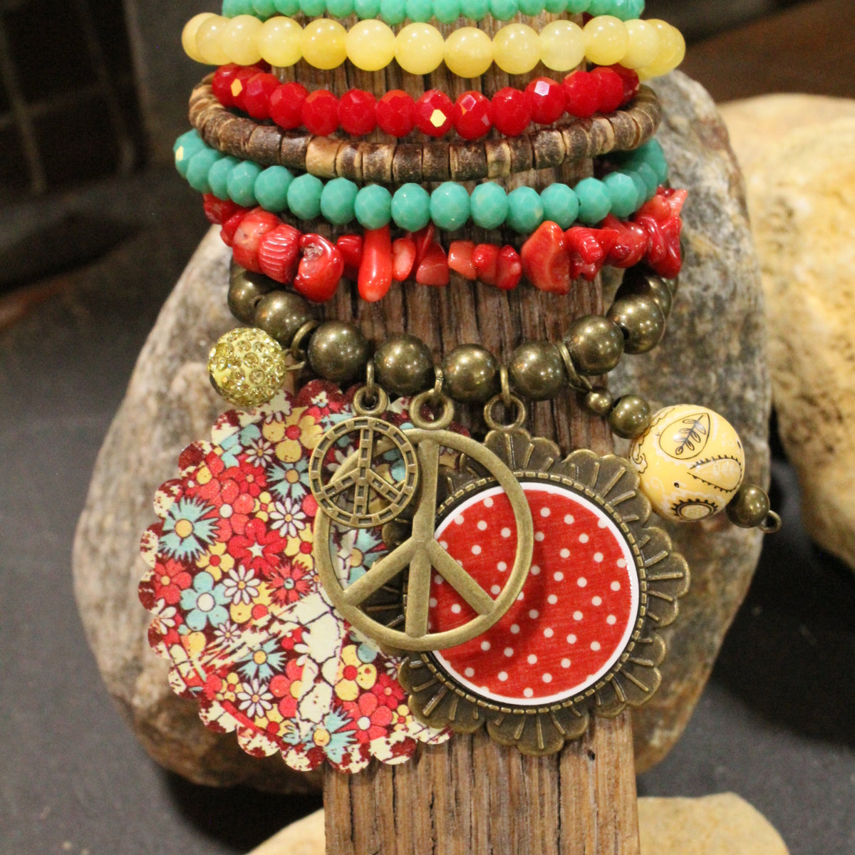 Peace, Paisley & Polka Dot Red Charm'd Bracelet Set