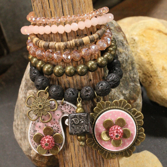 Peace, Paisley & Polka Dot Pink Charm'd Bracelet Set