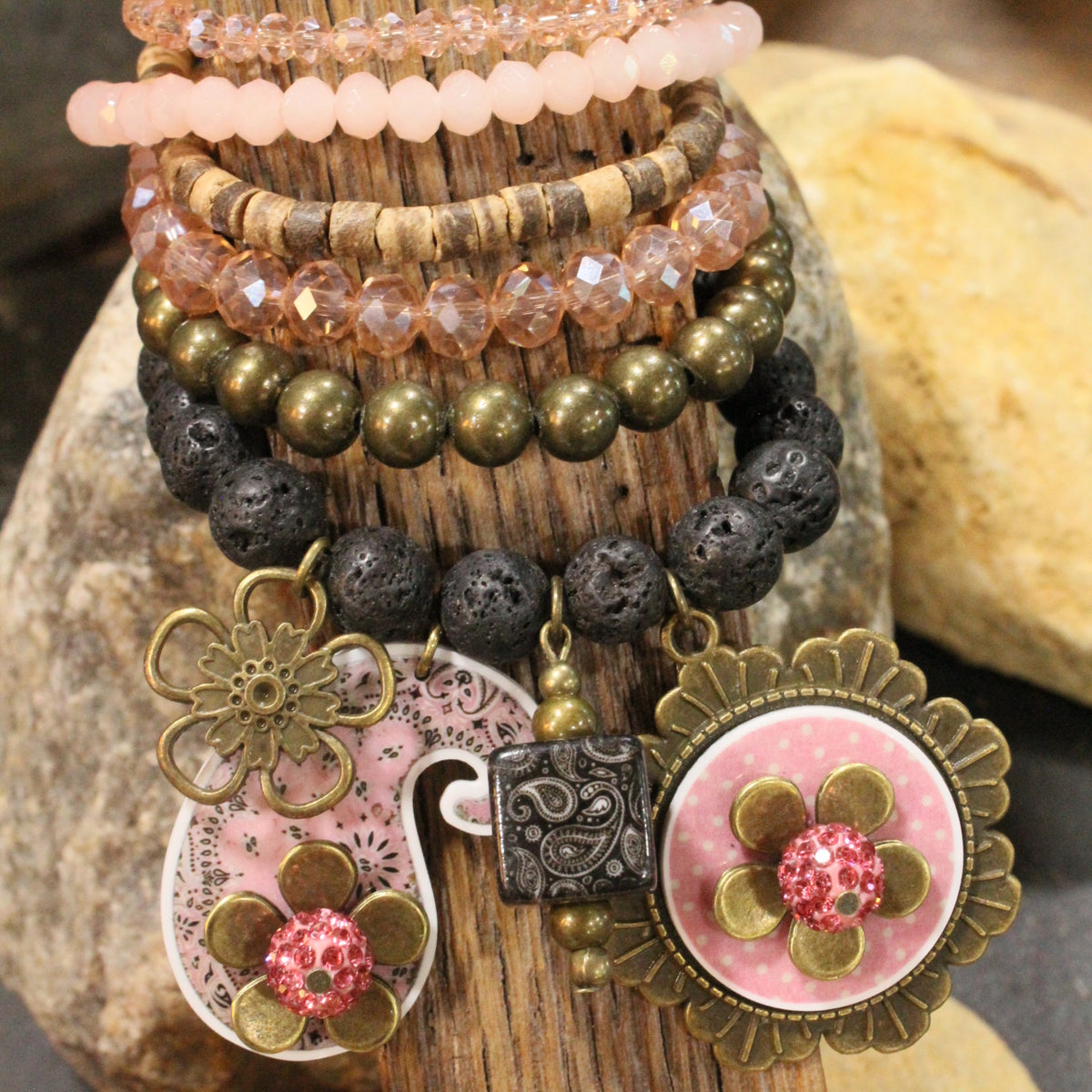 Peace, Paisley & Polka Dot Pink Charm'd Bracelet Set