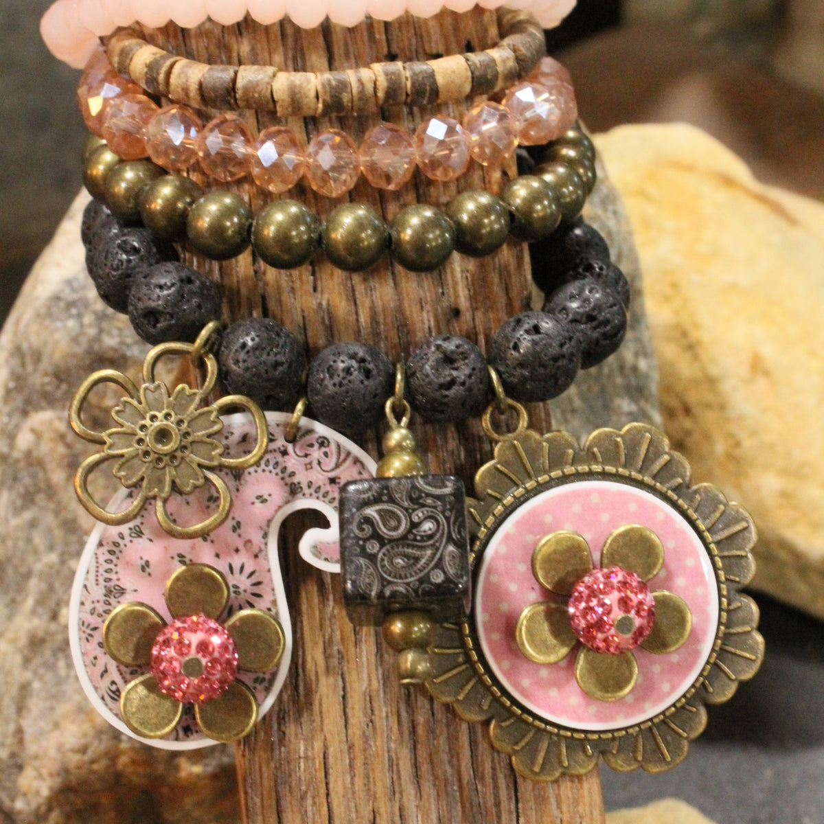 Peace, Paisley & Polka Dot Pink Charm'd Bracelet Set