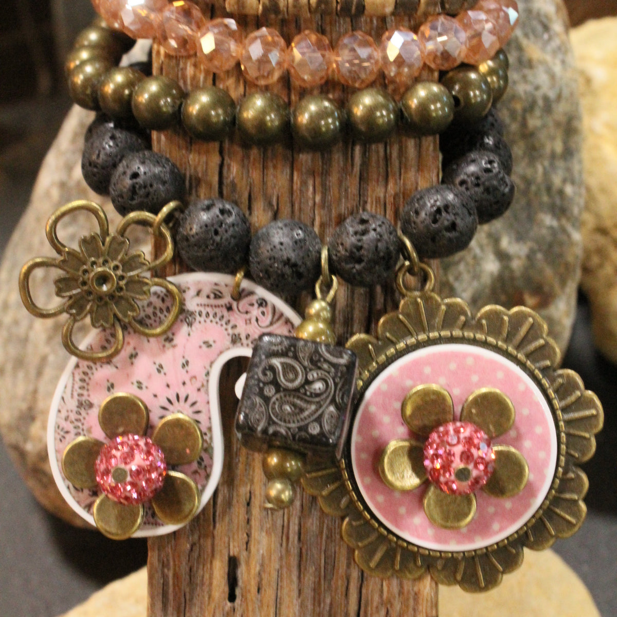 Peace, Paisley & Polka Dot Pink Charm'd Bracelet Set