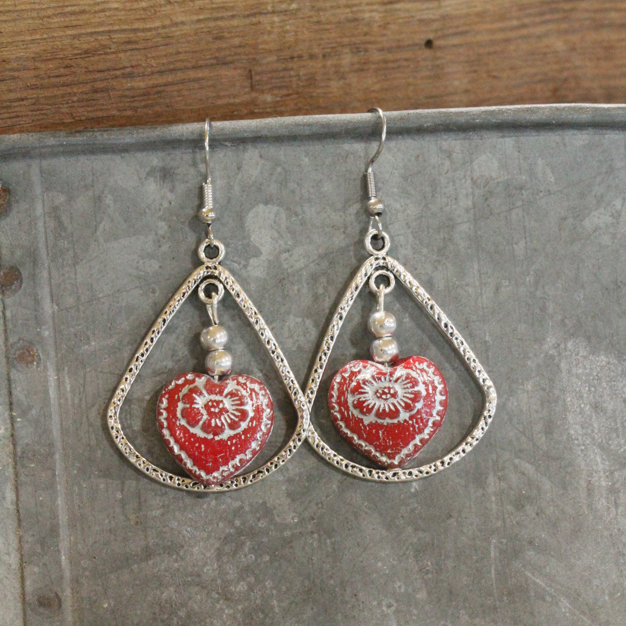 Vintage Red Czech Glass Heart & Hoop Earrings