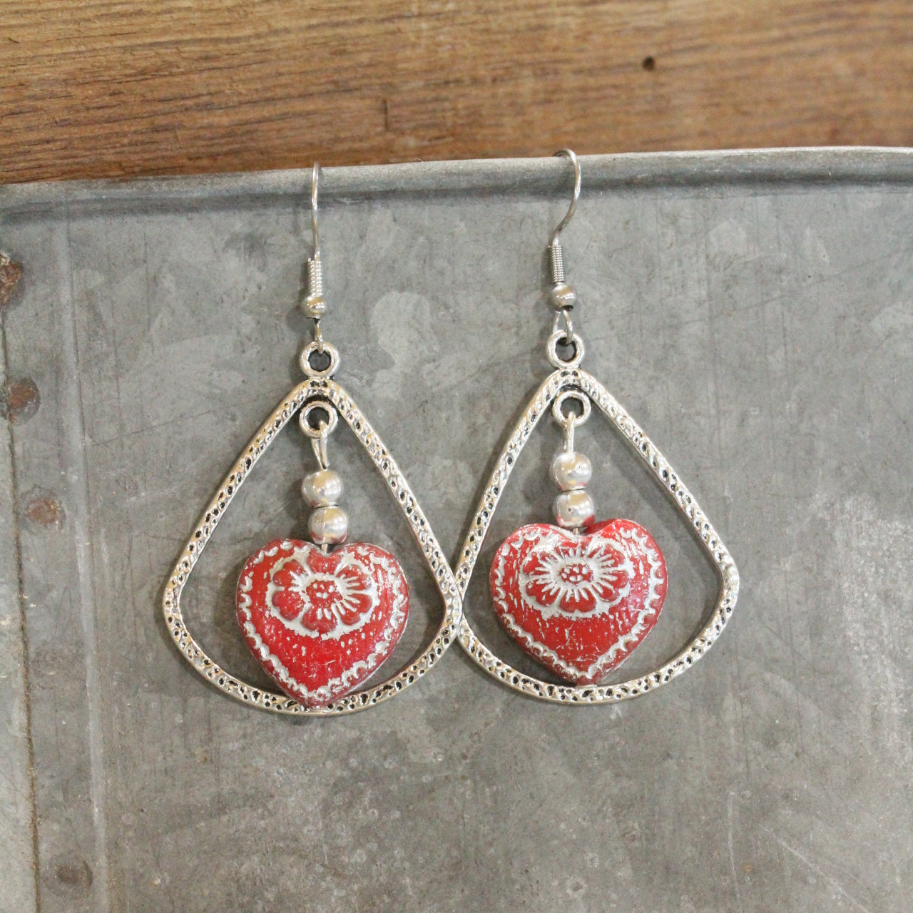 Vintage Red Czech Glass Heart & Hoop Earrings