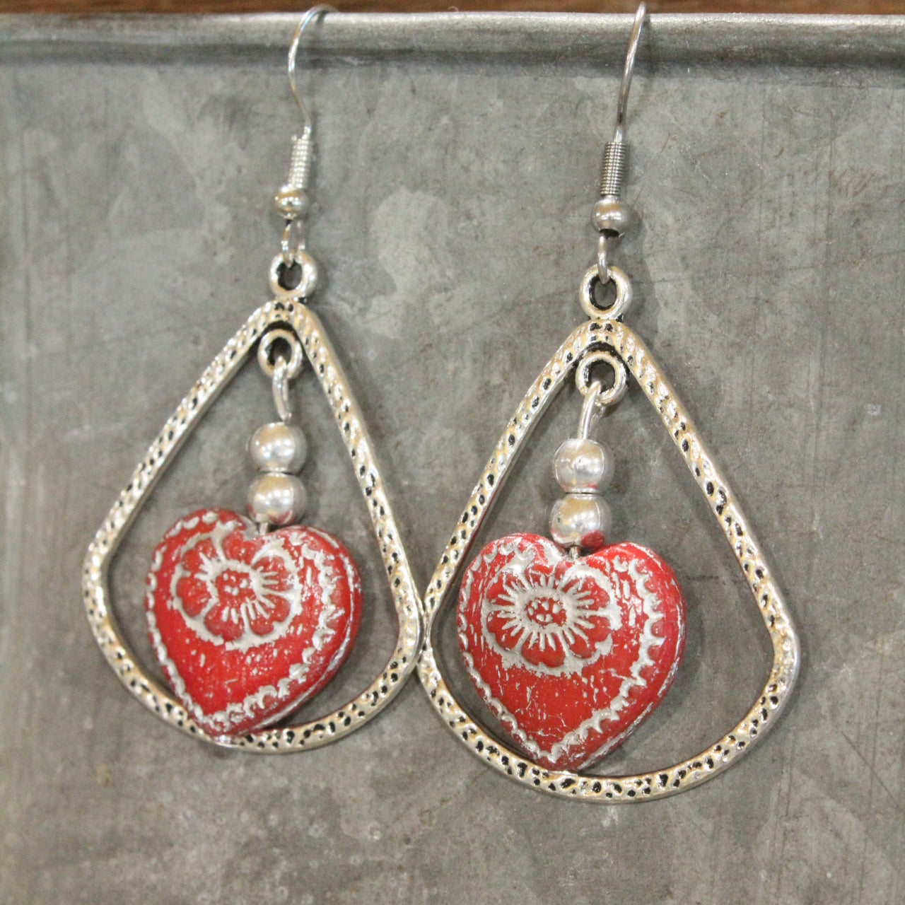 Vintage Red Czech Glass Heart & Hoop Earrings