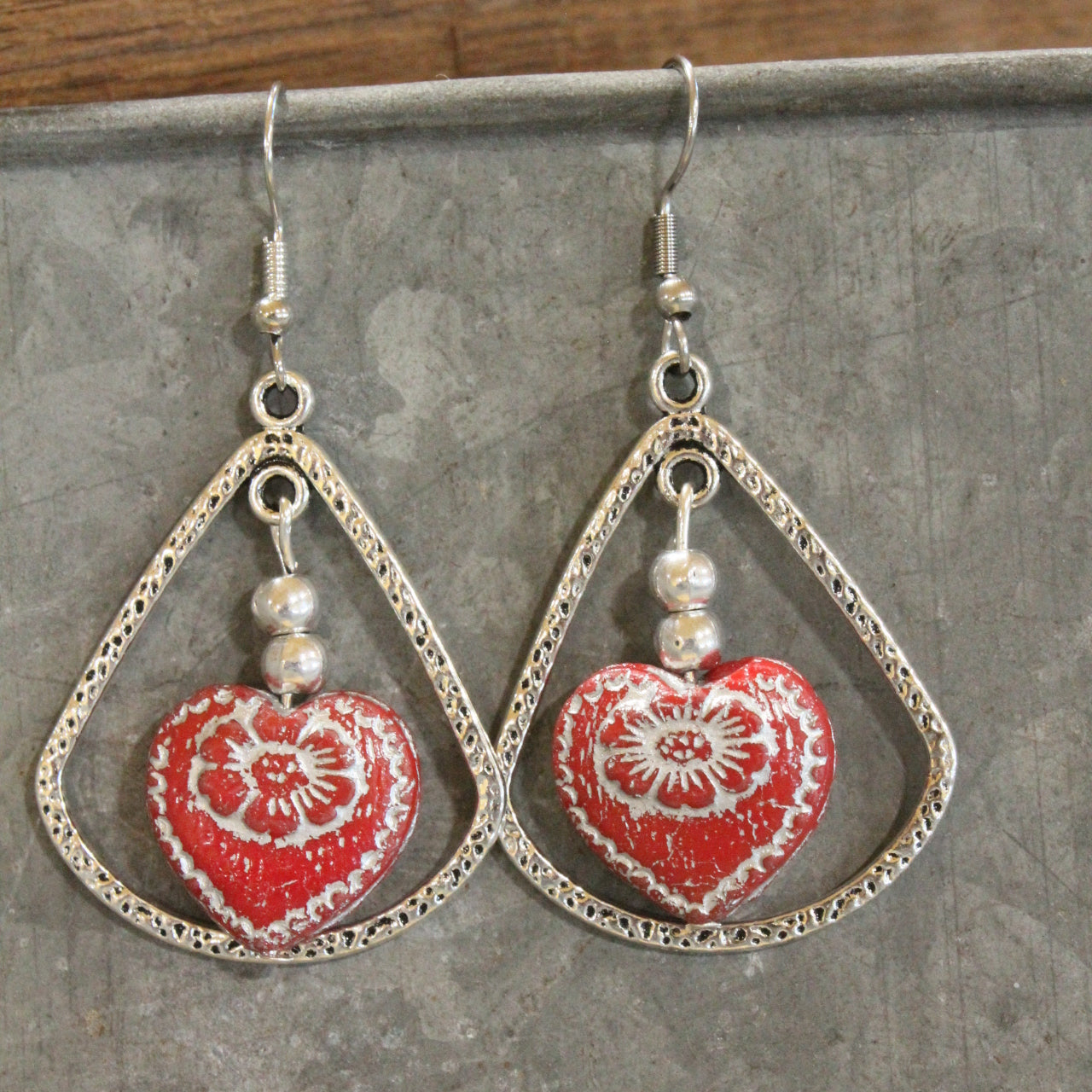 Vintage Red Czech Glass Heart & Hoop Earrings