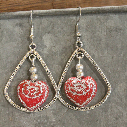 Vintage Red Czech Glass Heart & Hoop Earrings