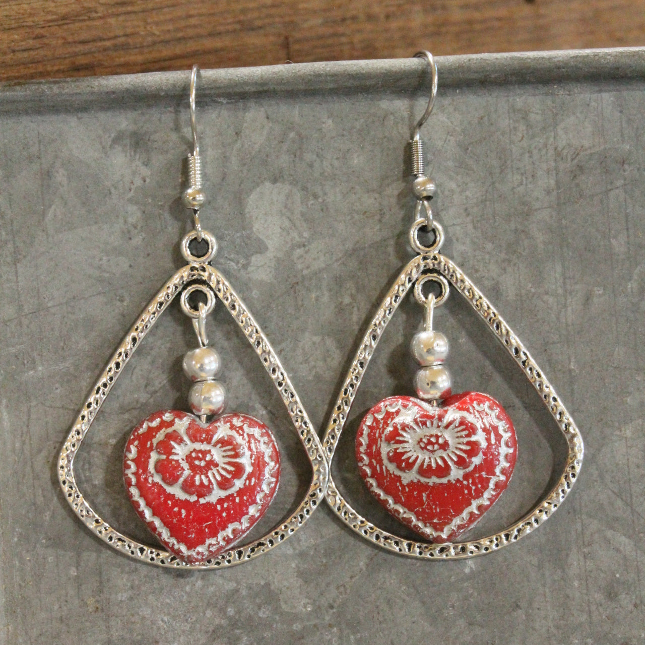 Vintage Red Czech Glass Heart & Hoop Earrings