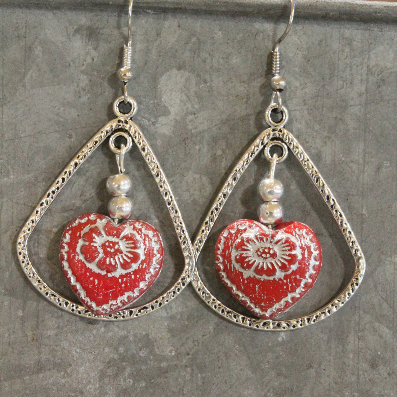 Vintage Red Czech Glass Heart & Hoop Earrings