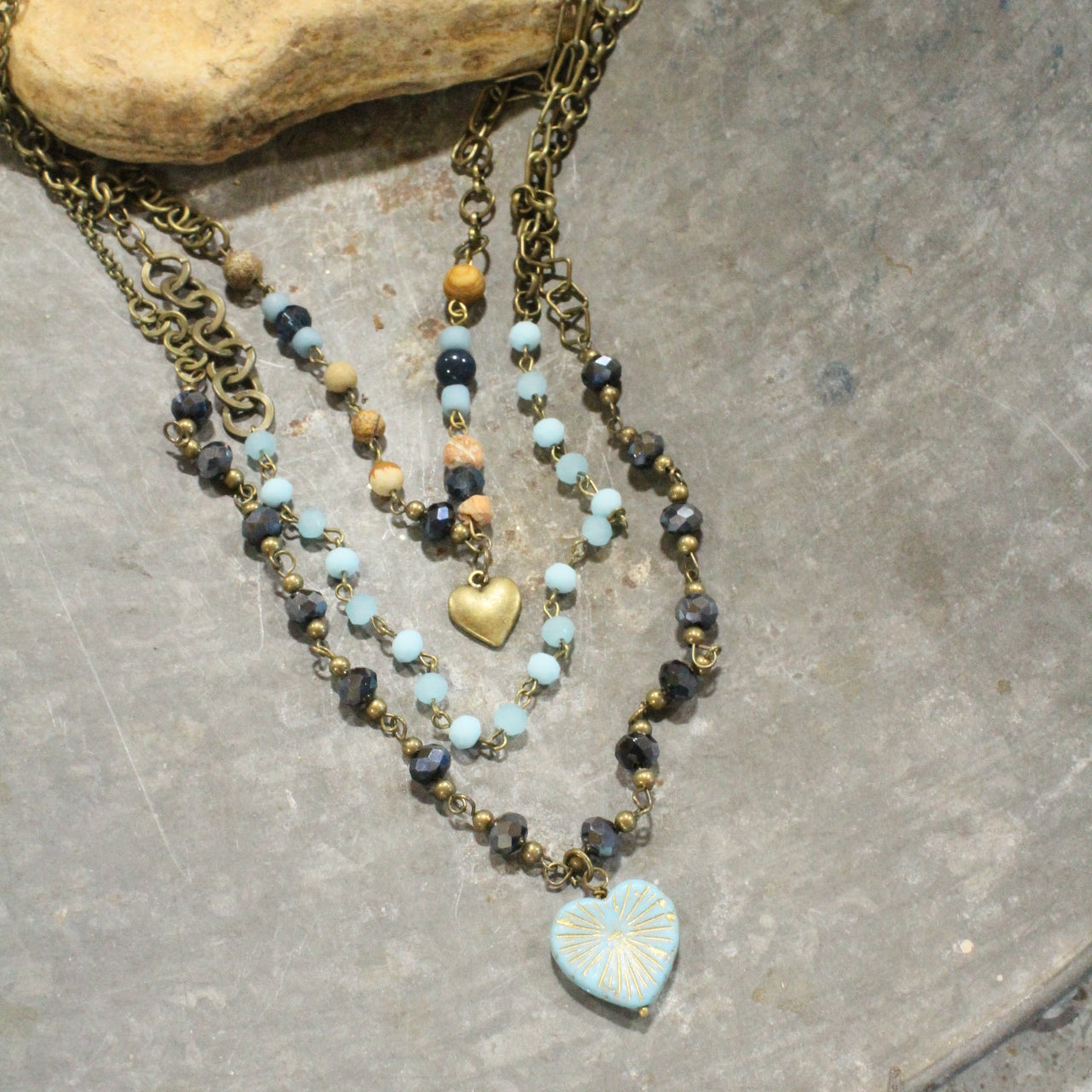 Shades Of Blue Czech heart layered Necklace