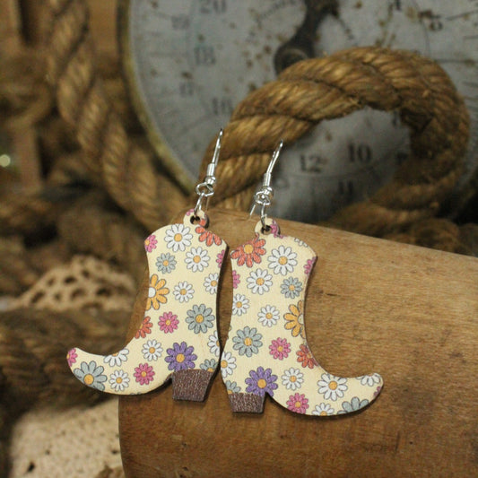 Western Cowboy Daisy Pattern Wooden Dangle Earrings