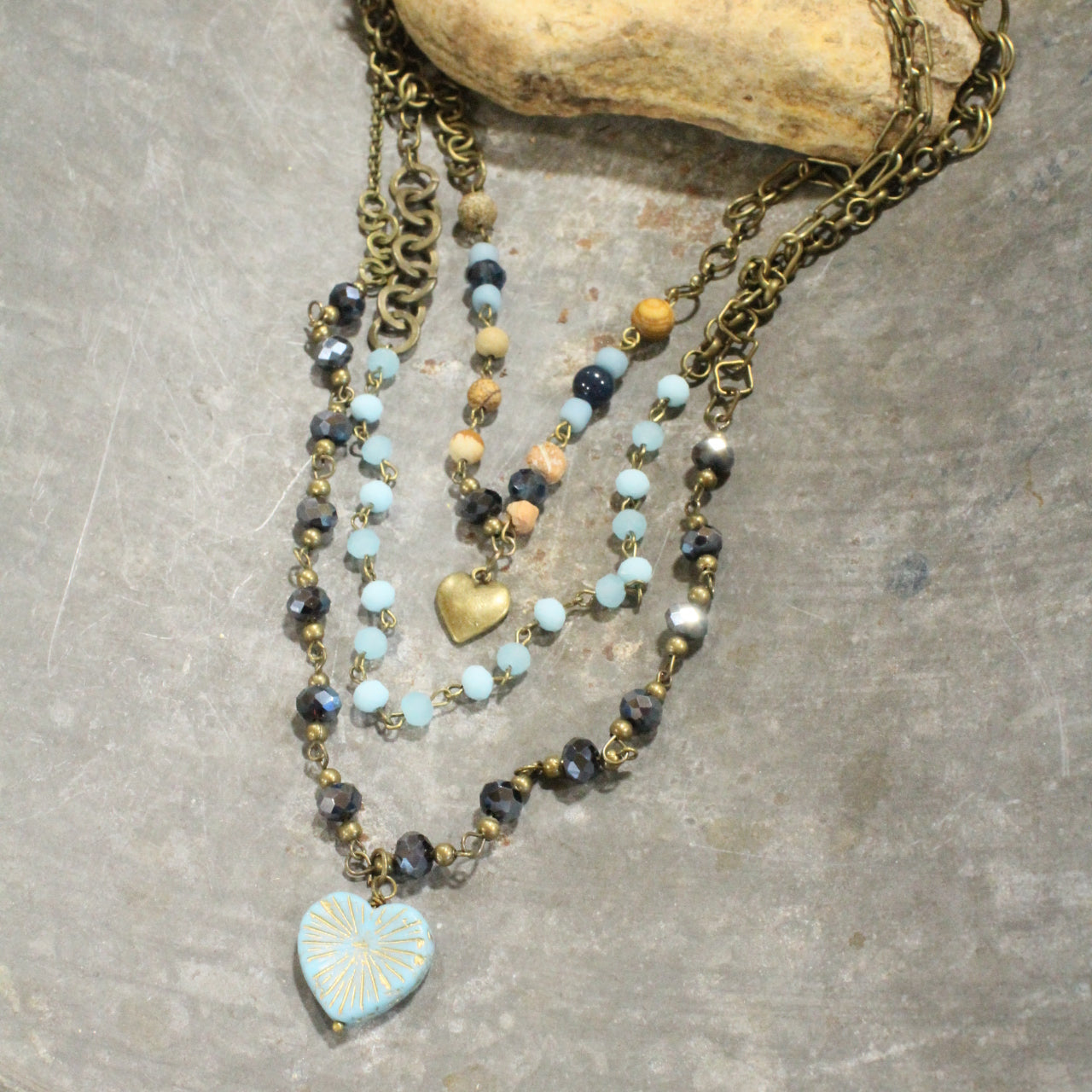 Shades Of Blue Czech heart layered Necklace