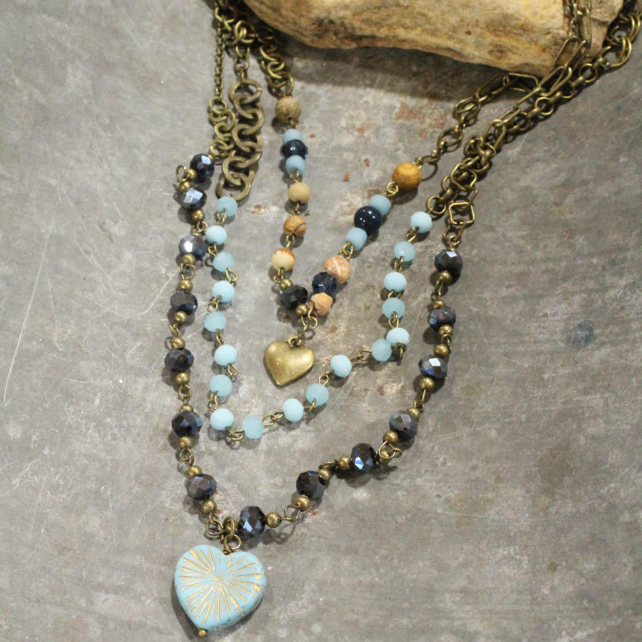 Shades Of Blue Czech heart layered Necklace