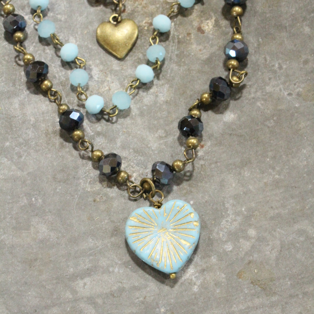 Shades Of Blue Czech heart layered Necklace