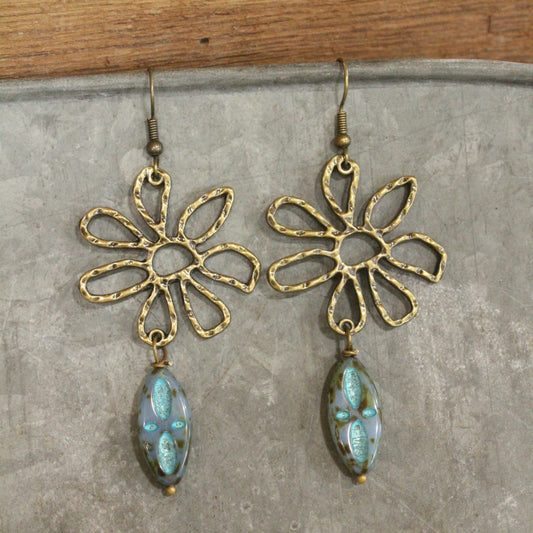 Hammered Wildflower & Glass Czech Pendant Drop Earrings