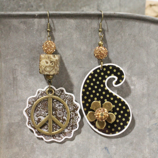 Peace, Paisley & Polka Dot Brown Dangle Earrings