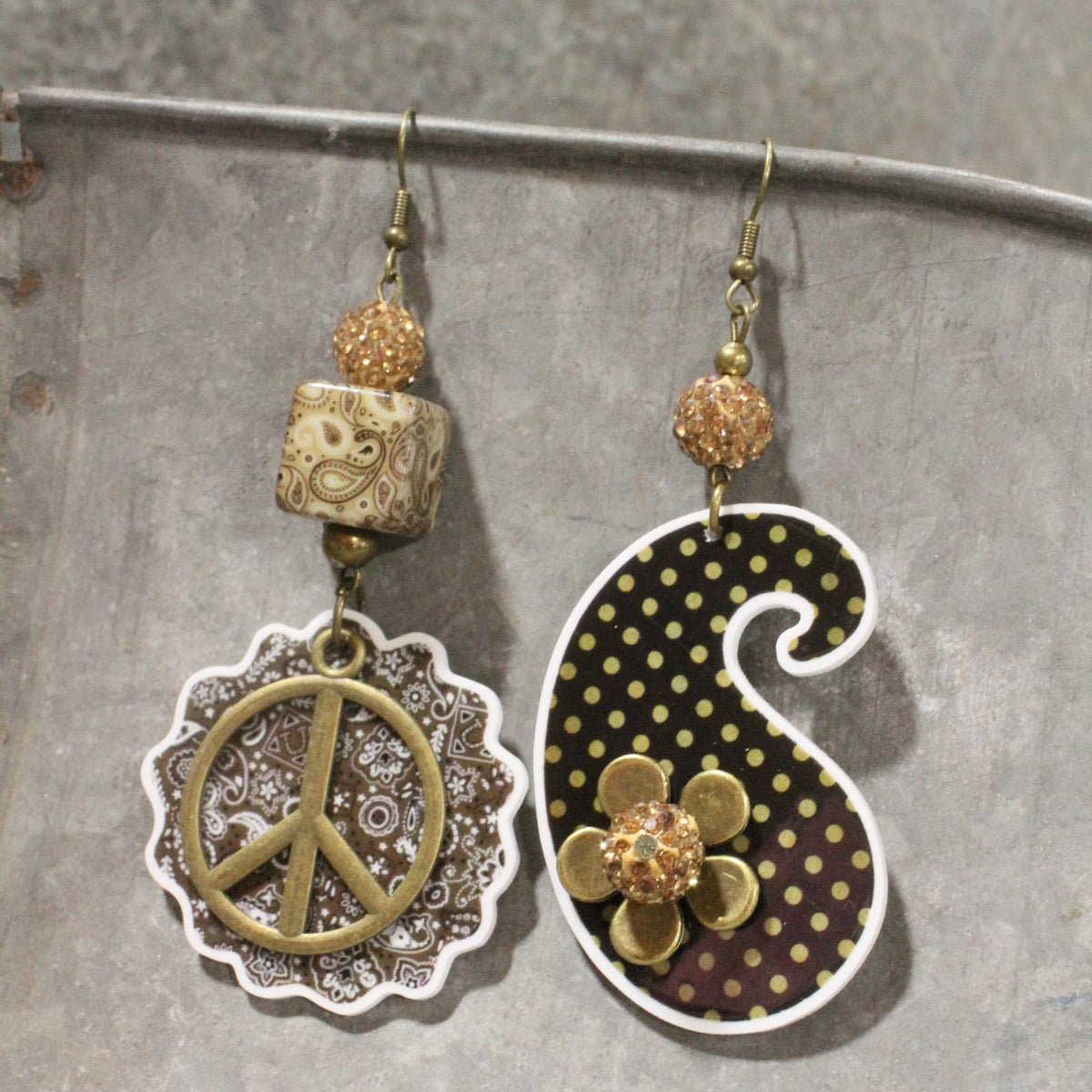 Peace, Paisley & Polka Dot Brown Dangle Earrings