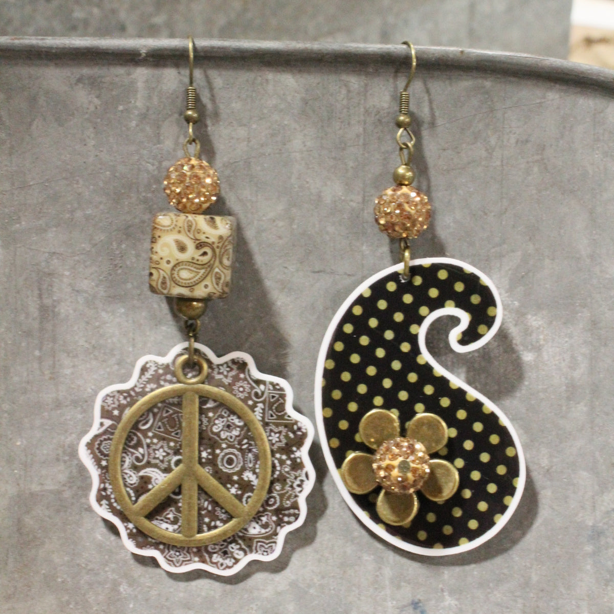 Peace, Paisley & Polka Dot Brown Dangle Earrings