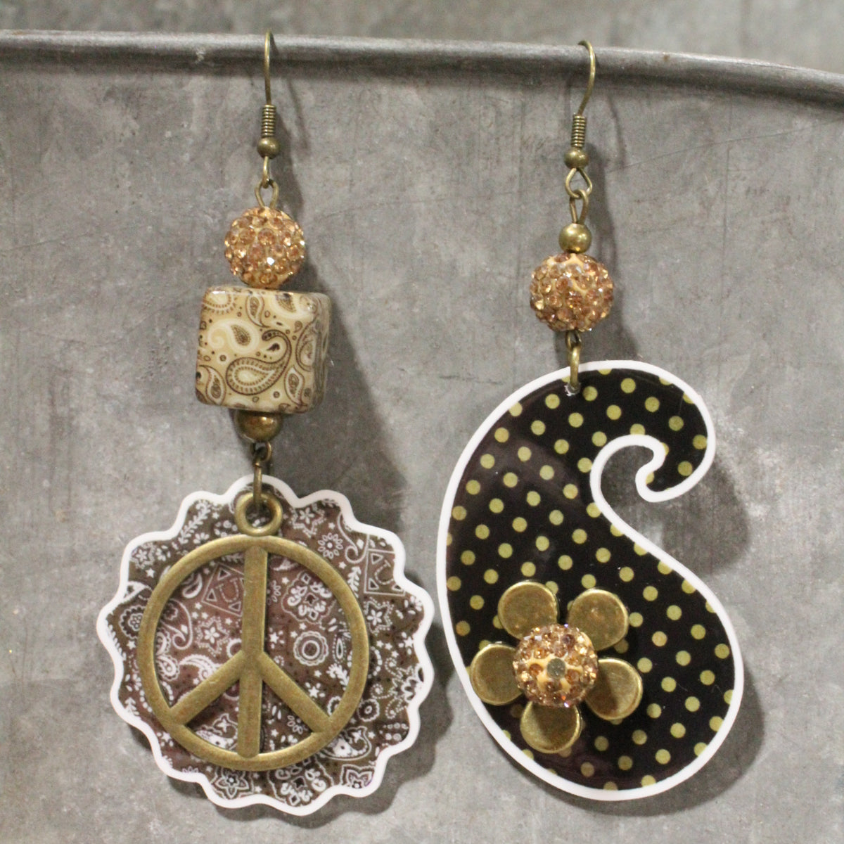 Peace, Paisley & Polka Dot Brown Dangle Earrings