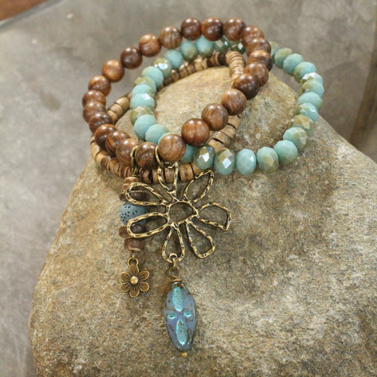 Hammered Wildflower & Czech Layered Pendant Drop Stretch Bracelet Set