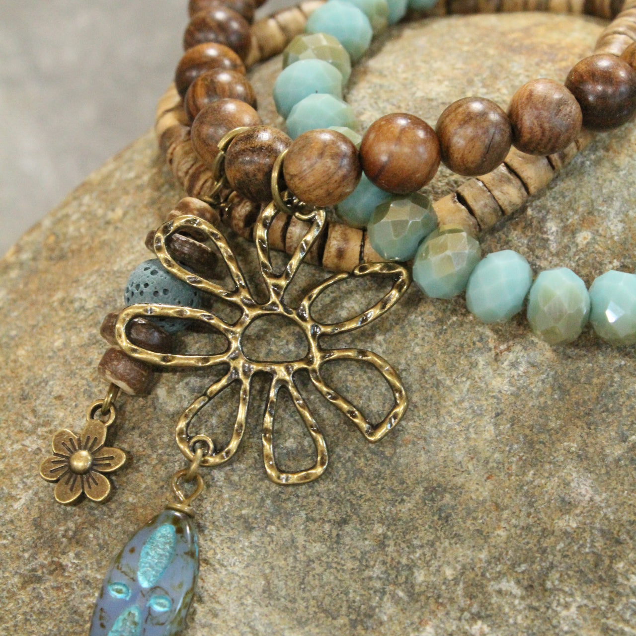 Hammered Wildflower & Czech Layered Pendant Drop Stretch Bracelet Set