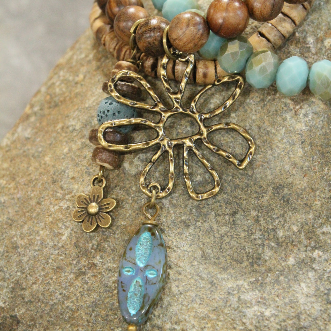 Hammered Wildflower & Czech Layered Pendant Drop Stretch Bracelet Set