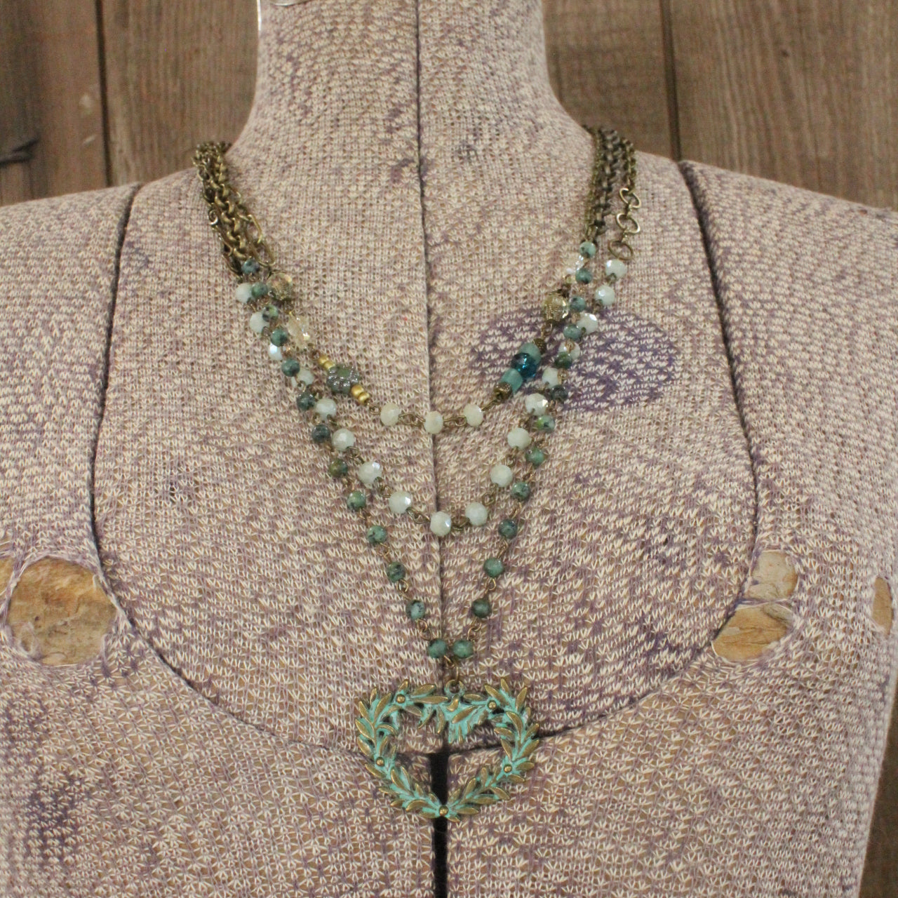 Bohemian Layered Mint Heart & Czech Chain Necklace