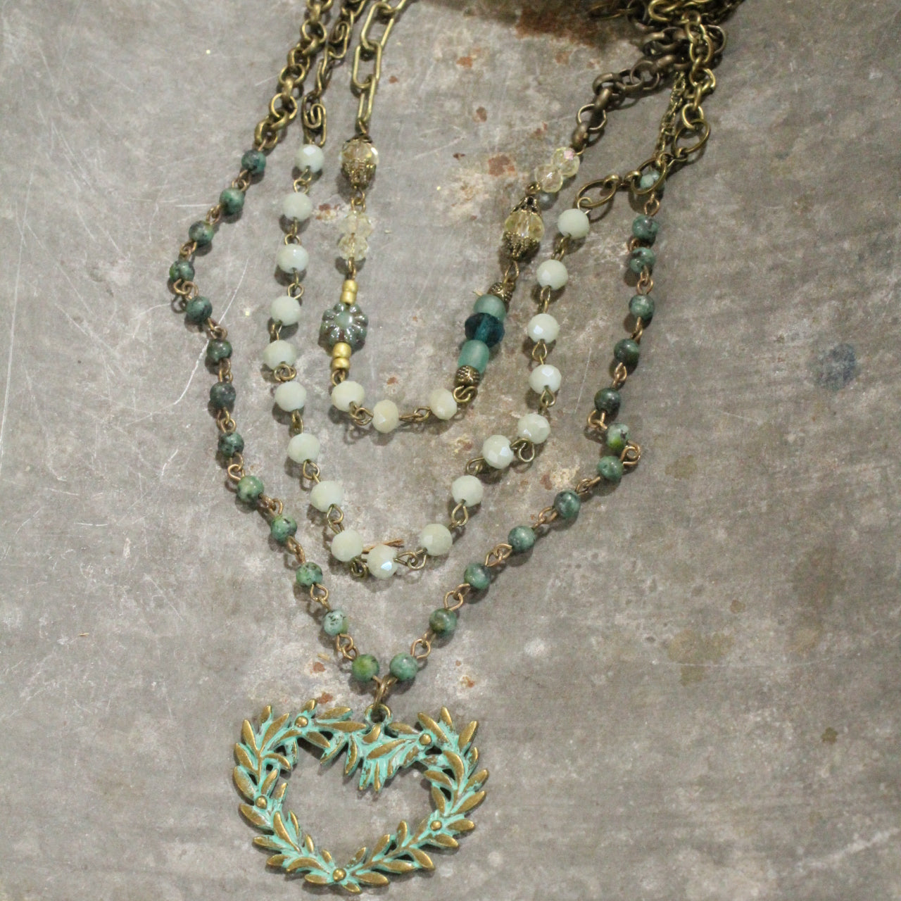 Bohemian Layered Mint Heart & Czech Chain Necklace