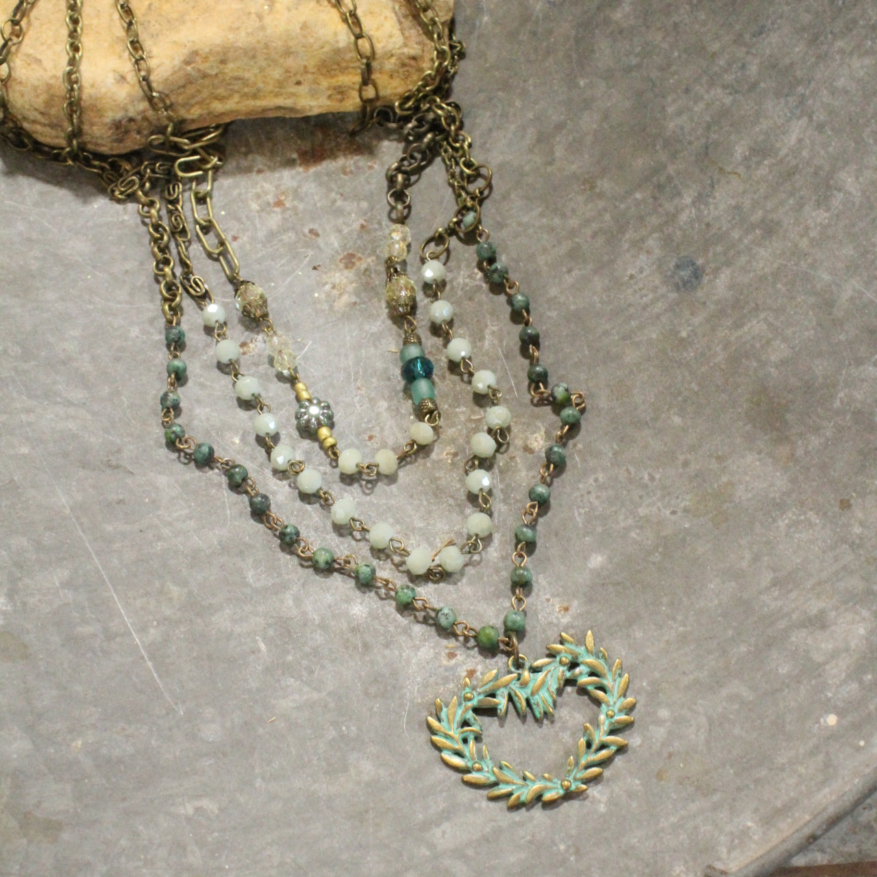 Bohemian Layered Mint Heart & Czech Chain Necklace