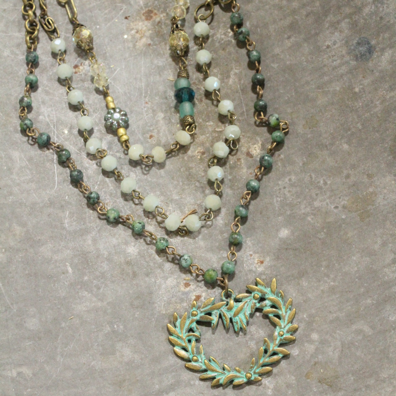 Bohemian Layered Mint Heart & Czech Chain Necklace