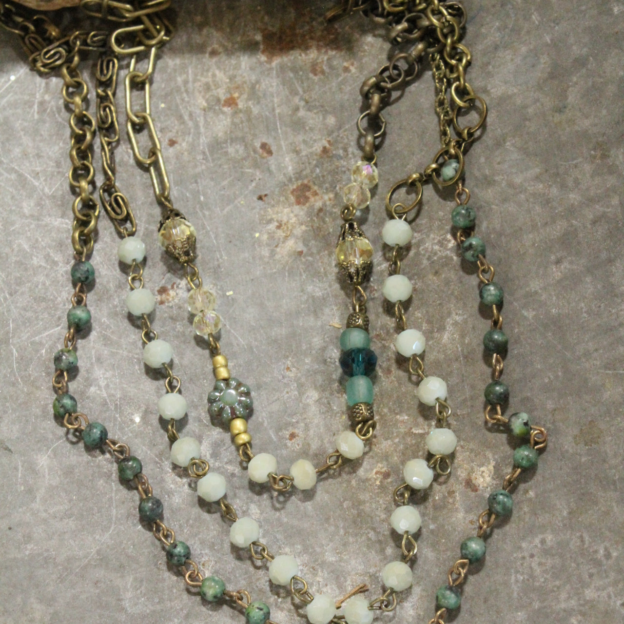 Bohemian Layered Mint Heart & Czech Chain Necklace