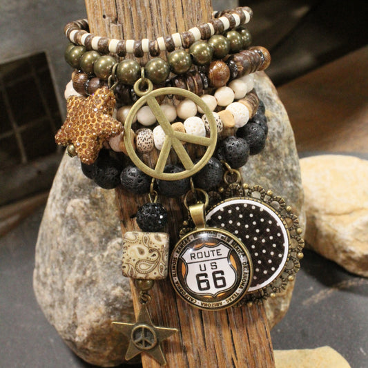 Peace, Paisley & Polka Dot Brown Charm'd Bracelet Set