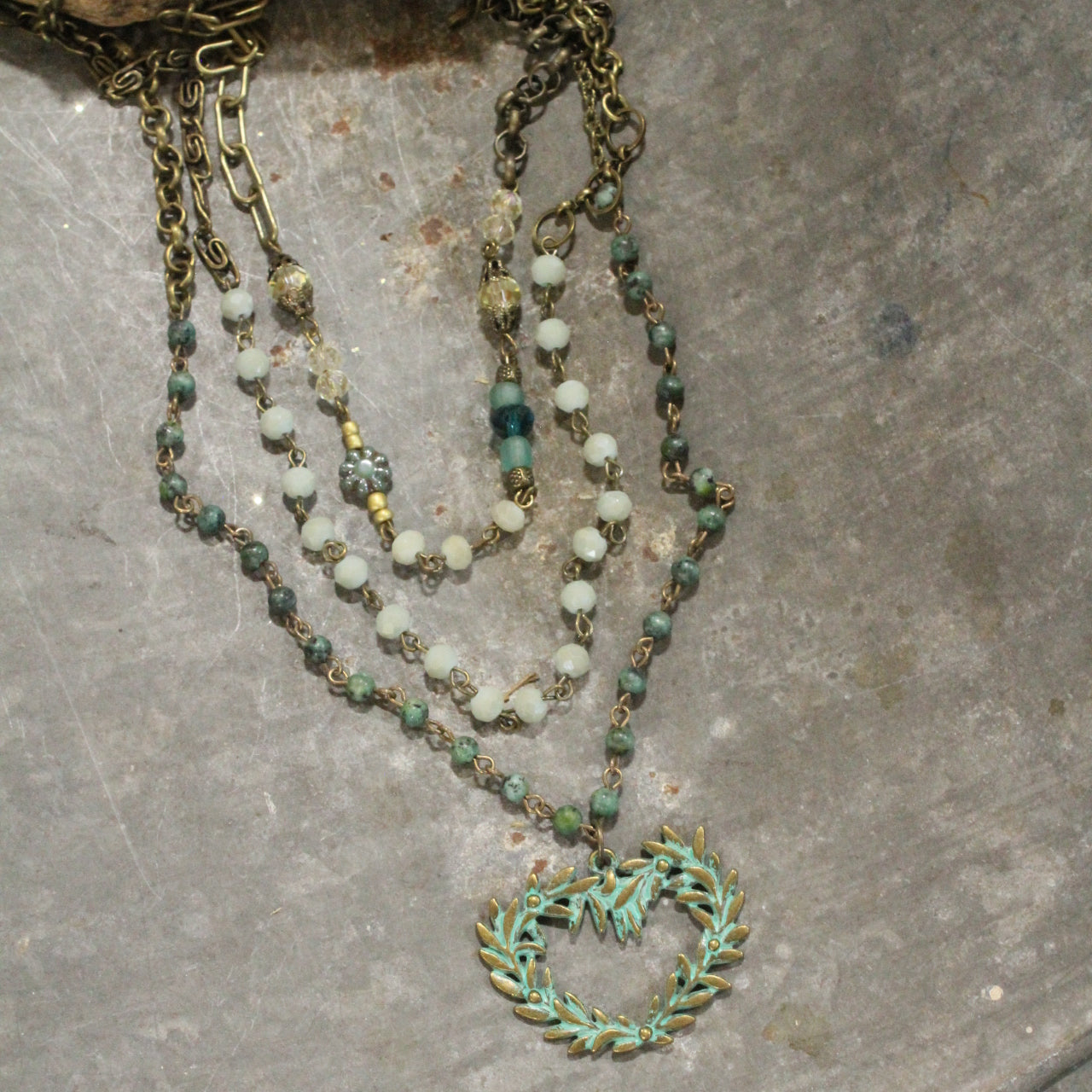 Bohemian Layered Mint Heart & Czech Chain Necklace