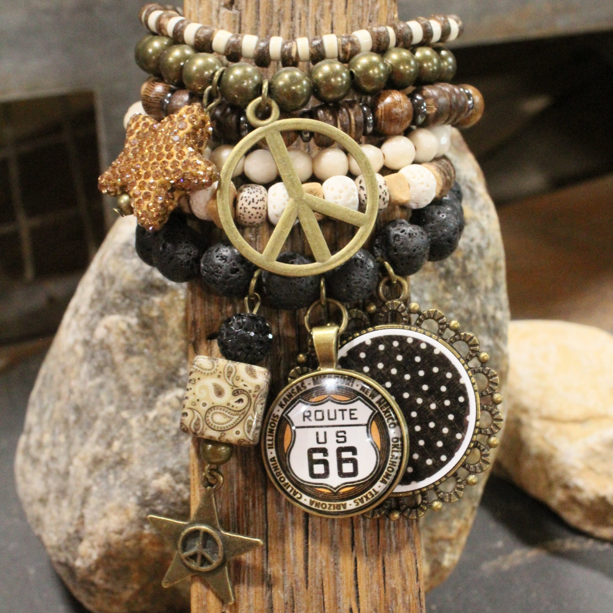Peace, Paisley & Polka Dot Brown Charm'd Bracelet Set