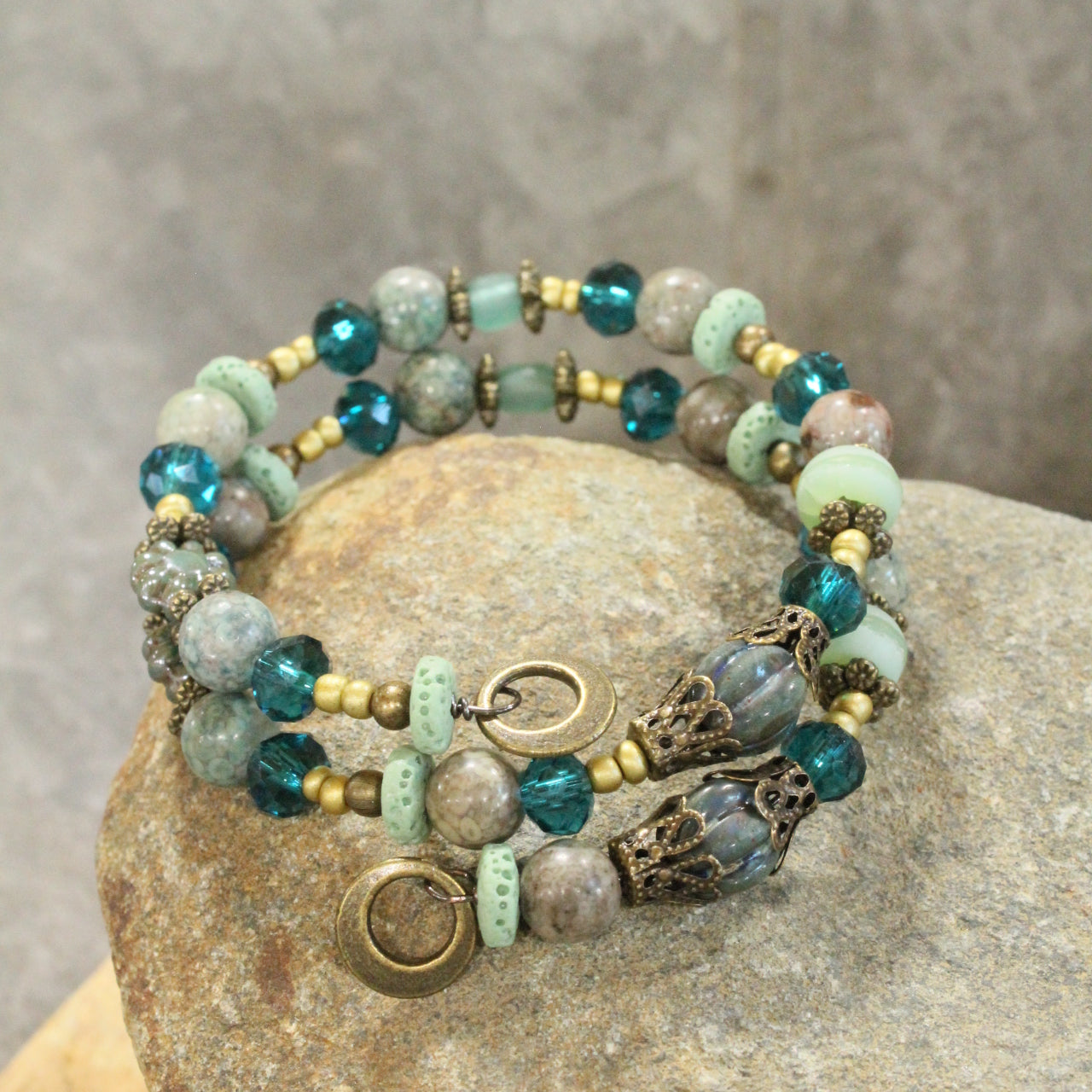 Bohemian Layered Mint Czech Wrap Bracelet