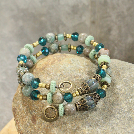 Bohemian Layered Mint Czech Wrap Bracelet