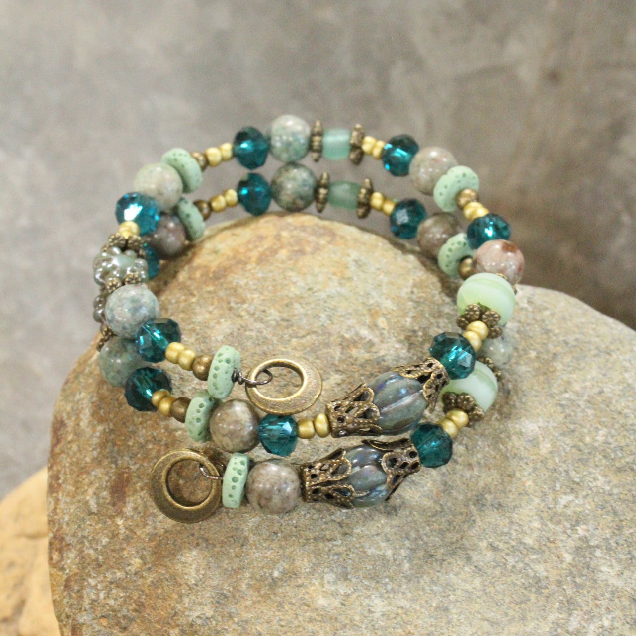 Bohemian Layered Mint Czech Wrap Bracelet