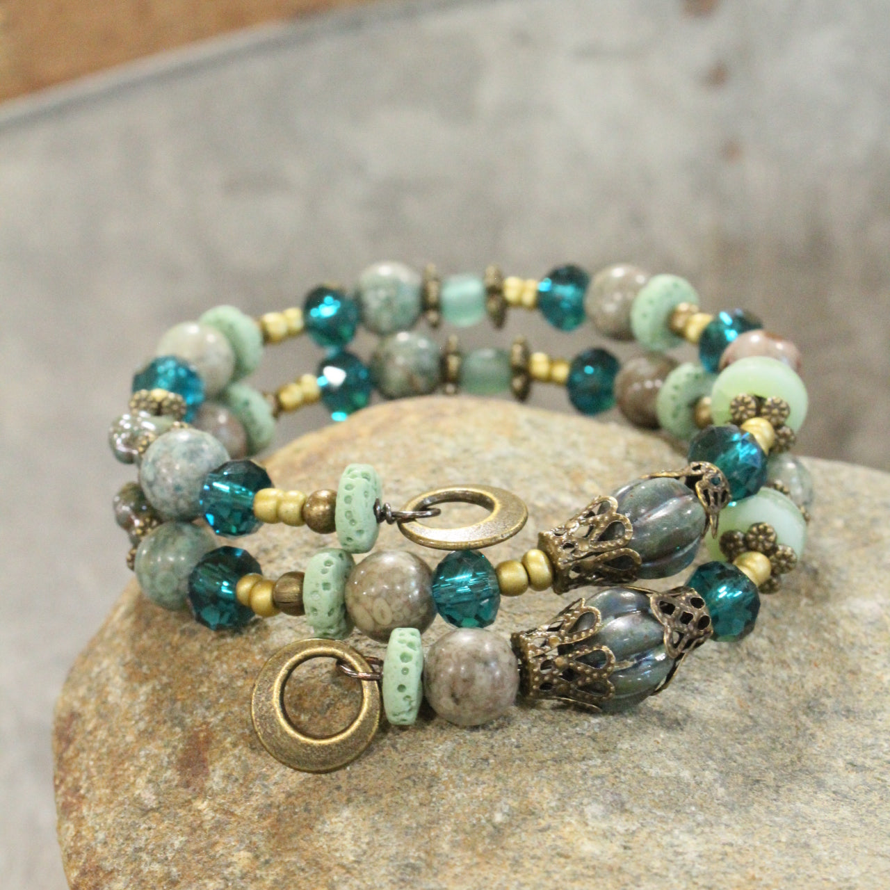 Bohemian Layered Mint Czech Wrap Bracelet