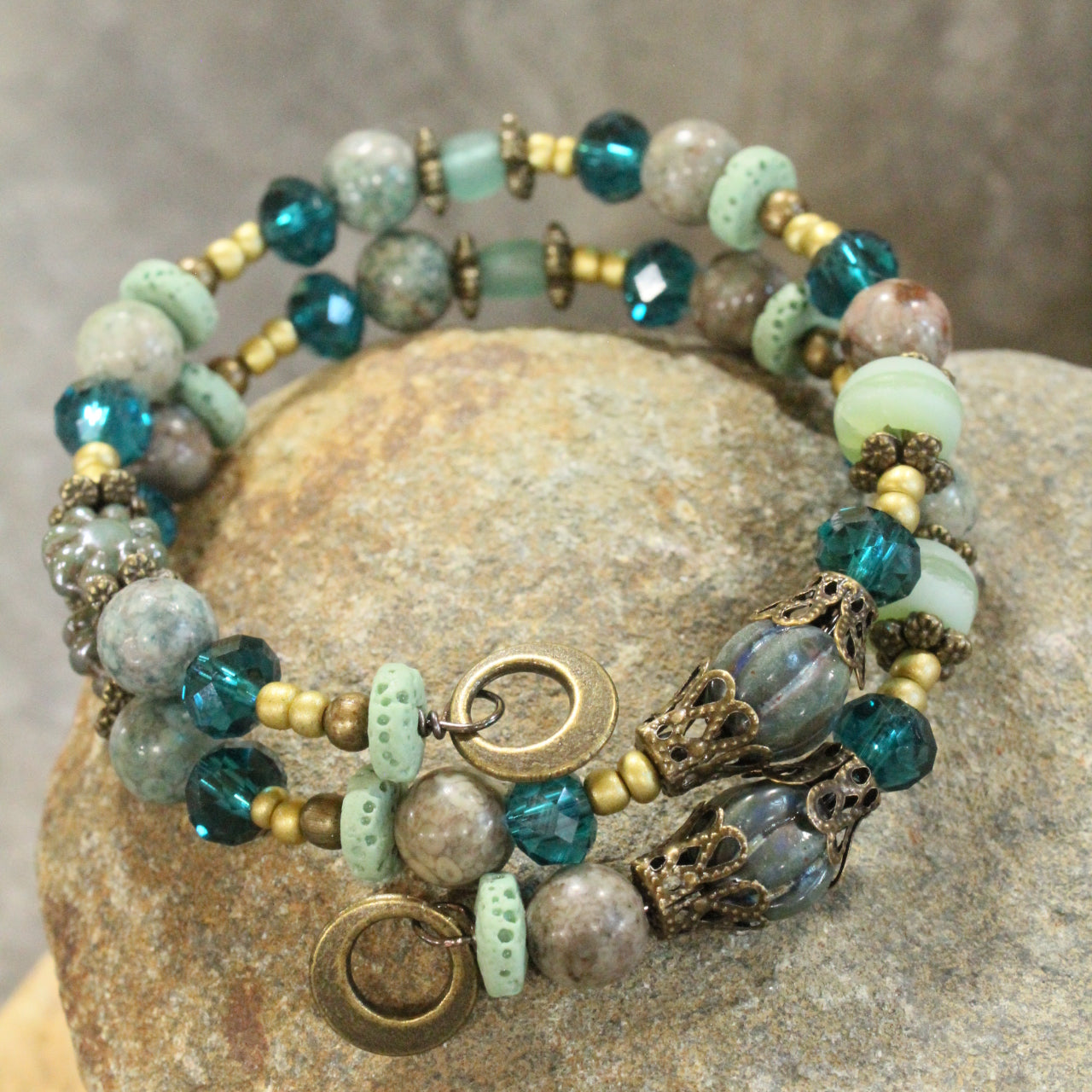 Bohemian Layered Mint Czech Wrap Bracelet