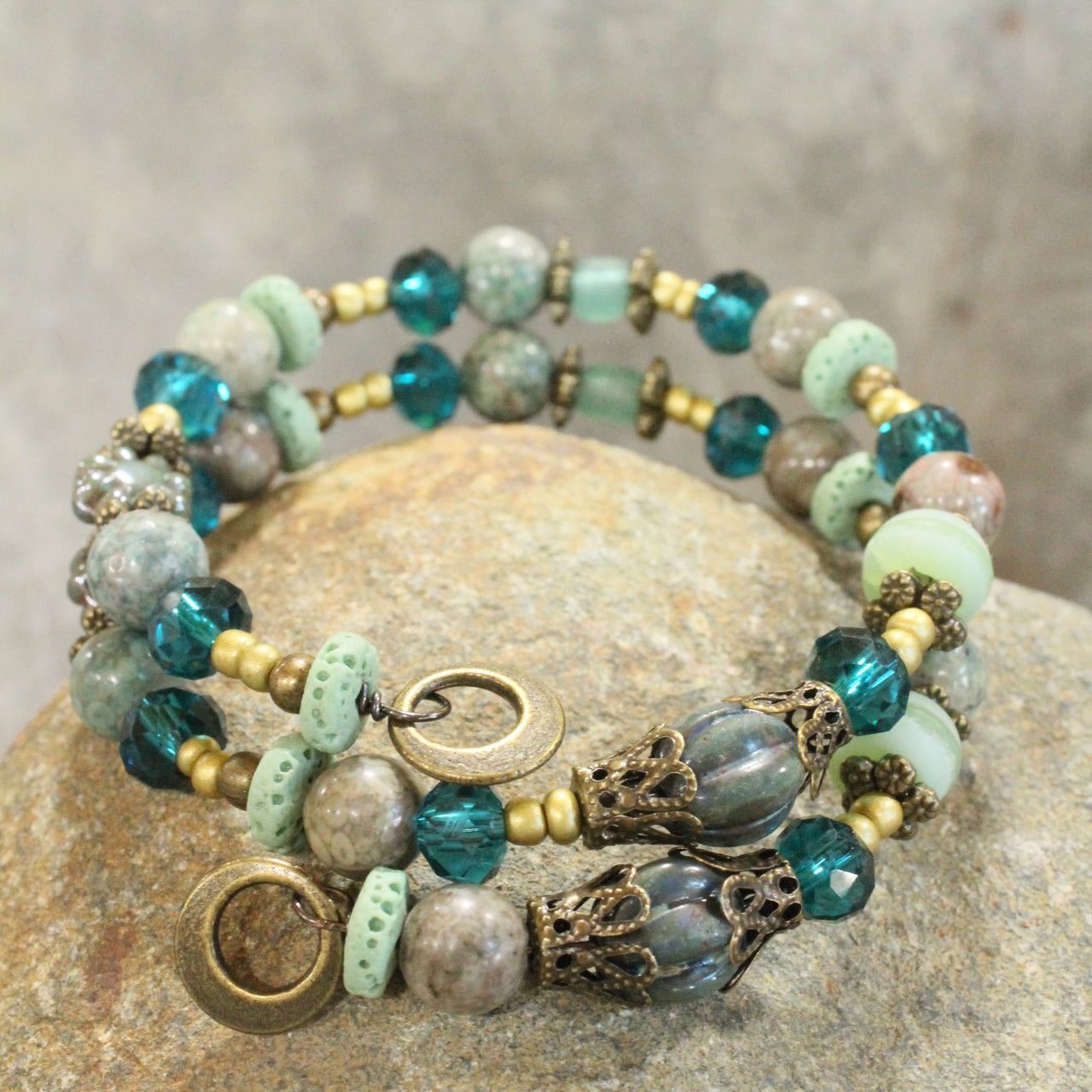 Bohemian Layered Mint Czech Wrap Bracelet